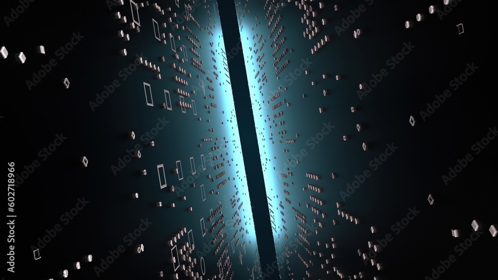 Obraz premium 3d technology tunnel, computer generated. 3d rendering of narrow space between chips and neon light. Sci-fi background