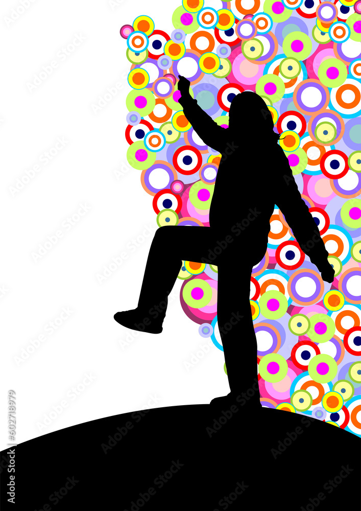 Dancing woman silhouette over a colored circles background