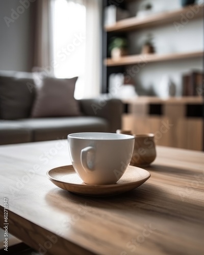 A white coffee cup sits on a wooden table with living room backdrop. (Generative AI)