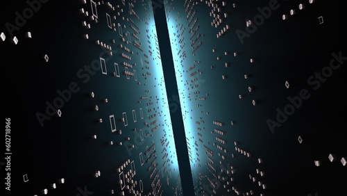 Fototapeta Naklejka Na Ścianę i Meble -  3d technology tunnel, computer generated. 3d rendering of narrow space between chips and neon light. Sci-fi background