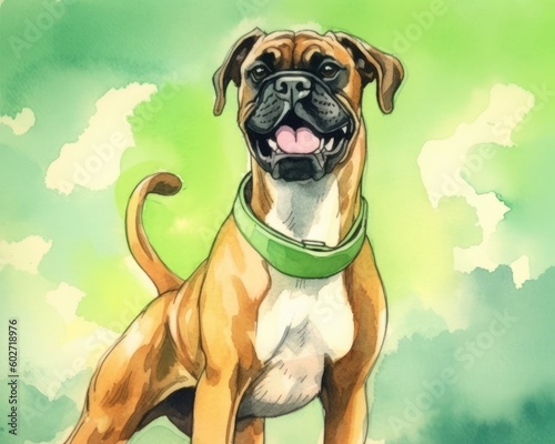 An energetic and playful boxer dog with a powerful and protective nature  set against a pastel green background with text space.  Generative AI 