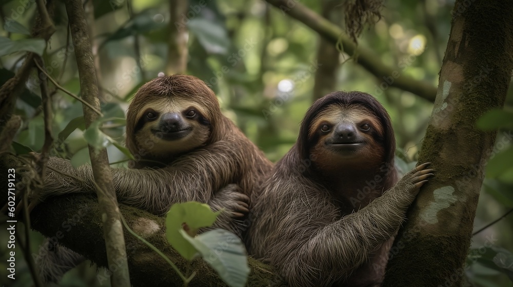 Fototapeta premium Sloth on a tree. Generative AI
