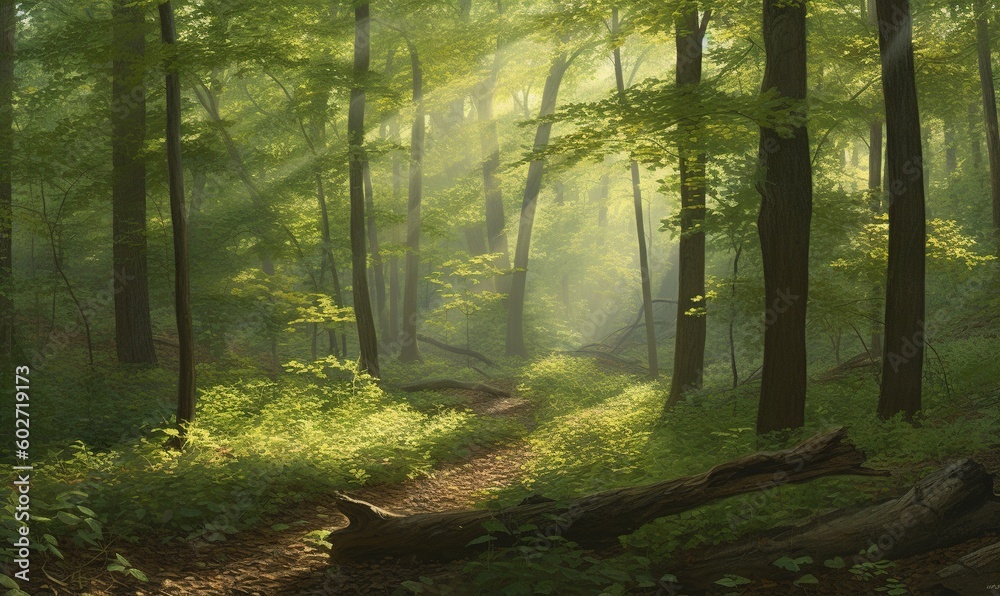 Obraz premium a painting of a path in a forest with sunbeams. generative ai