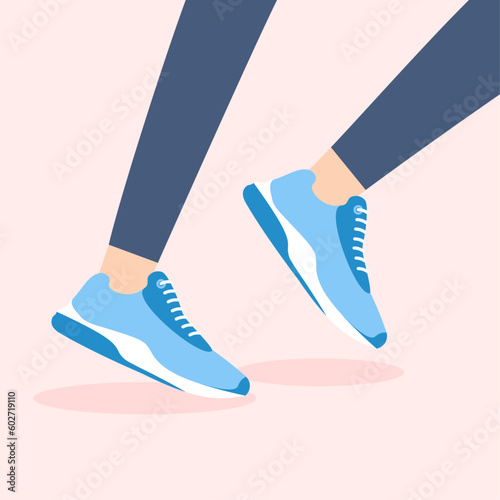Female or male running legs. Runner in a sport sneakers. Marathon race poster. Jogging. Vector illustration in trendy flat style isolated.