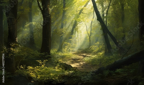  a painting of a path in a forest with sunlight streaming through the trees.  generative ai © Anna