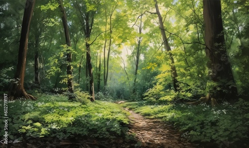  a painting of a path through a forest with green trees. generative ai