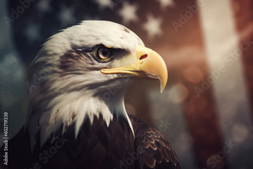 Closeup profile of North American bald eagle against USA flag. The 4th of July celebration, Independence Day of USA. AI generative photo