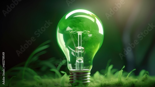 Green energy concept. Glowing green lighybulb, symbol of eco friendly energy.  photo