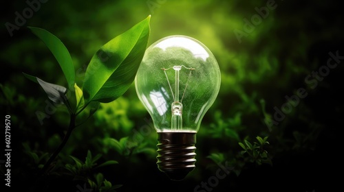 Green energy concept. Glowing green lighybulb, symbol of eco friendly energy.  photo