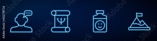 Set line Antidepressants, Online psychological counseling, Psychology book and Mountains with flag on top. Glowing neon icon on brick wall. Vector