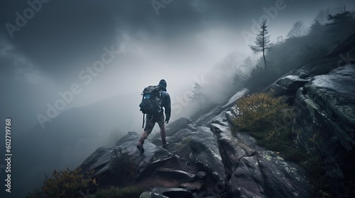 Man climbing the Mountain. heavy weather, fog. Man hiking with backpack.  © Photo And Art Panda