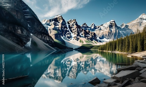  a mountain range is reflected in a lake surrounded by pine trees. generative ai