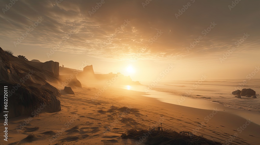 Wide view of lonely Beach at sunset