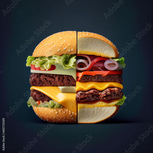 Dois lados de um lanche hamburger
