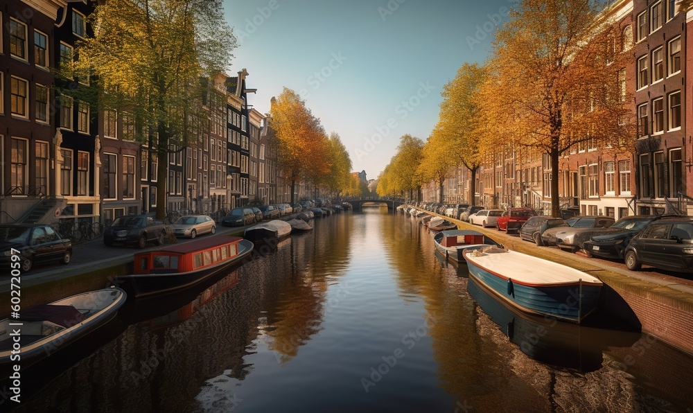  a canal with several boats on it and parked cars on the side of it.  generative ai
