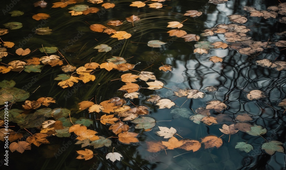 leaves floating on the surface of a body of water in autumn. generative ai leaves floating on the surface of a body of water in autumn. generative ai