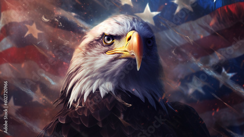 American Eagle Close Up with USA Flag in the Background - Weathered Grunge Overlay - Patriotic Holiday Theme, Veterans Day, Memorial Day, Fourth of July - Generative AI
