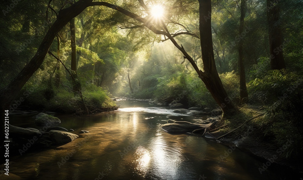Obraz premium a stream running through a lush green forest filled with trees. generative ai