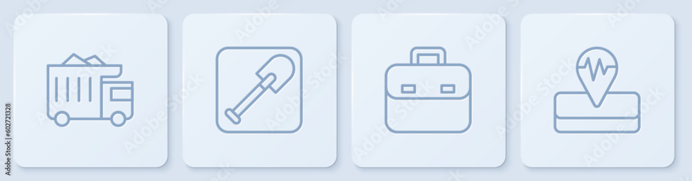 Set line Mining dump truck, Briefcase, Shovel and Earthquake. White square button. Vector Set line Mining dump truck, Briefcase, Shovel and Earthquake. White square button. Vector
