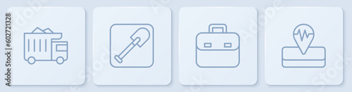 Set line Mining dump truck, Briefcase, Shovel and Earthquake. White square button. Vector