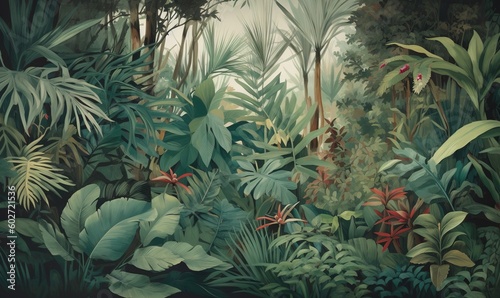 Fototapeta Naklejka Na Ścianę i Meble -   a painting of a jungle with lots of plants and trees.  generative ai