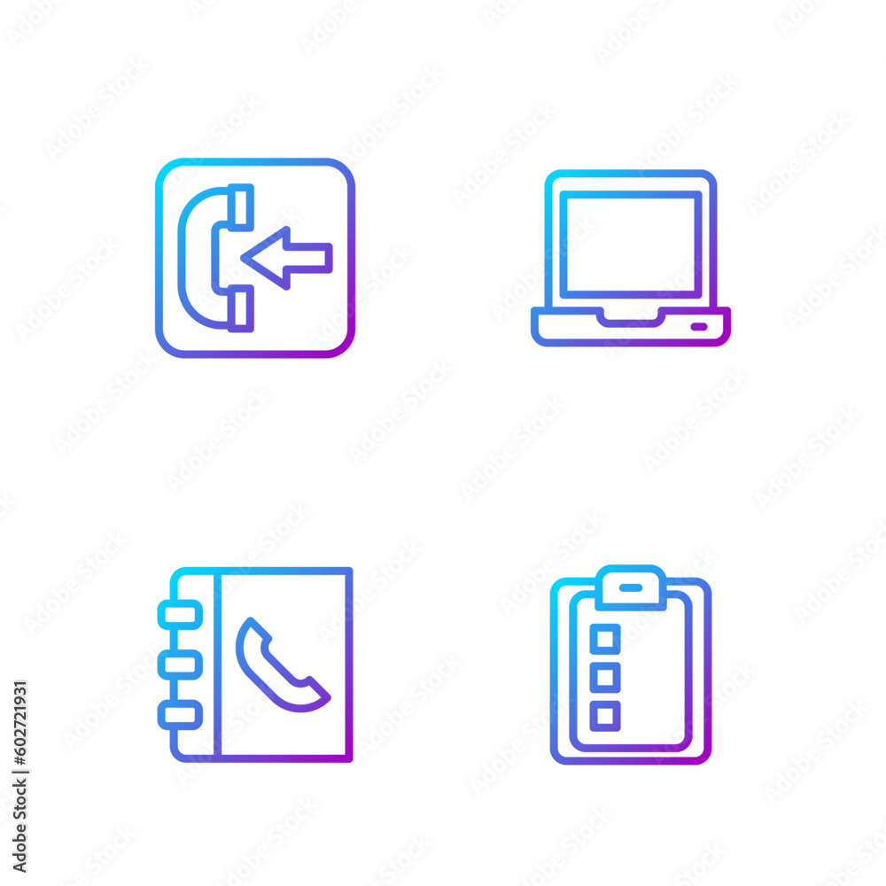 Set line Online quiz, test, survey, Phone book, Incoming call phone and Laptop. Gradient color icons. Vector Set line Online quiz, test, survey, Phone book, Incoming call phone and Laptop. Gradient color icons. Vector