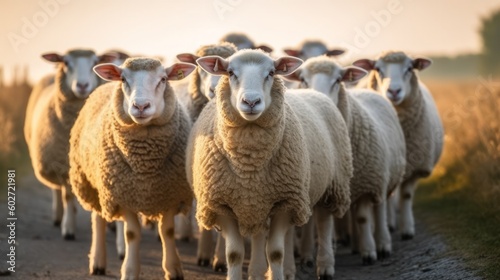 Flock of sheep staring in the same direction. Generative ai