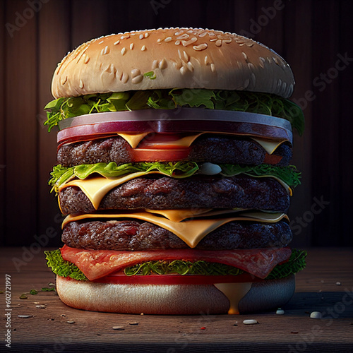 Um lanche triplo com salada e hamburgers fastfood