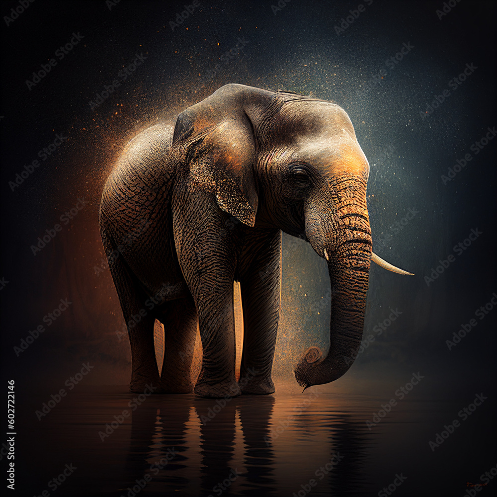Obraz premium Ilustração de um elefante imponente com um fundo sombrio e escuro, criando um contraste dramático, destacando a força e a majestade desse animal magnífico