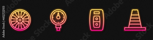 Set line Car key with remote, Alloy wheel for car, Tire pressure gauge and Traffic cone. Glowing neon icon. Vector