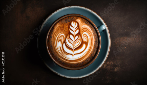 Coffee latte with creamy and foam in cup and latte art shape on dark wooden table, with coffee beans decoration, calm and relax coffee, relaxation time, hot beverage, with Generative AI.