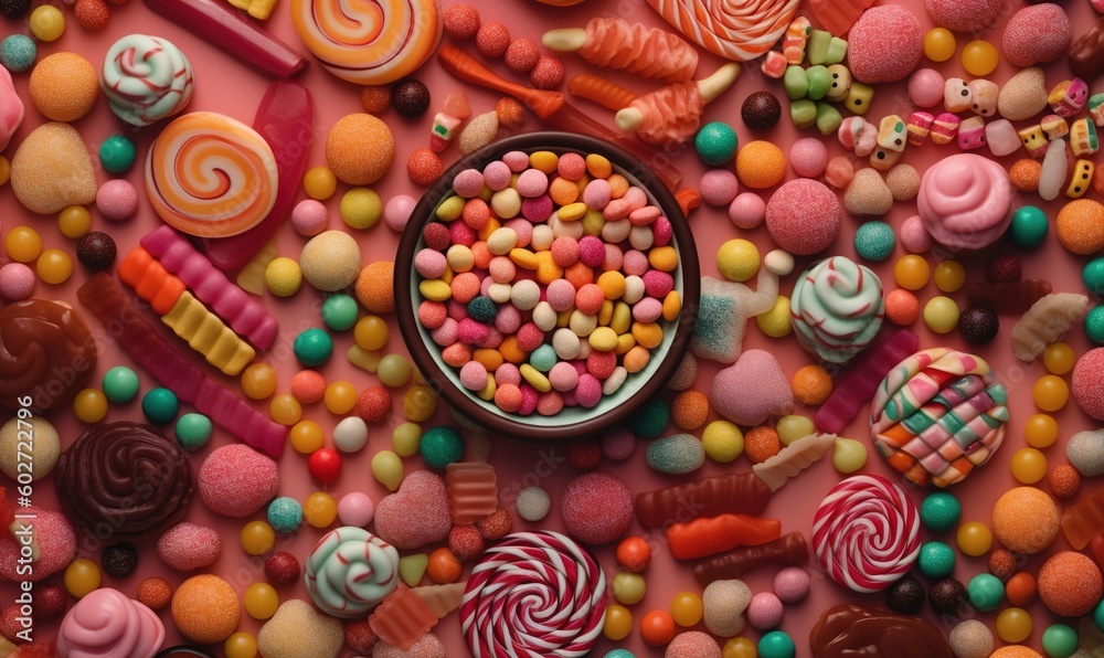  a bowl filled with lots of candy next to a pile of candies.  generative ai