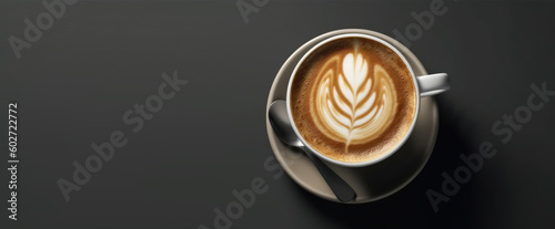 Panoramic image of a cup of coffee on an isolated gray banner background with space to copy. A hot drink made by a barista. Generative AI.