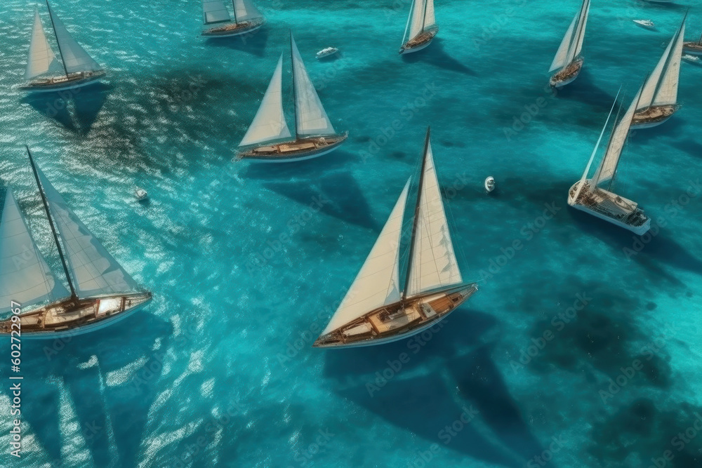 A top down view of several sports yachts drifting in the turquoise sea space of the lagoon. Generative AI.
