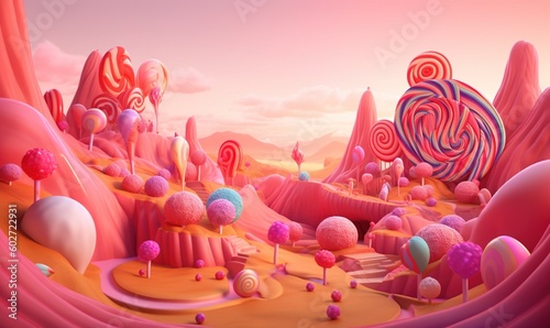  a colorful landscape with lollipops and candy canes. generative ai
