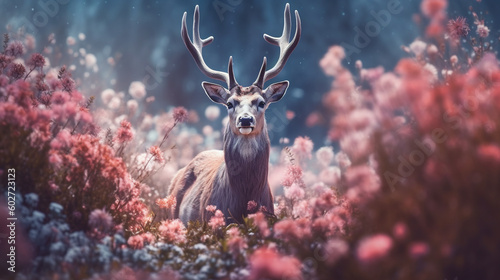Deer Surrounded by Beautiful Flowers in a Muted Pastel Aesthetic with Surrealism Elements - Generative AI