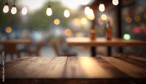 Blank empty wooden bar tabletop focused with blurry bokeh light of city scape, building view  background, for mock up and montage product display advertisement, with Generative AI. © TANATPON