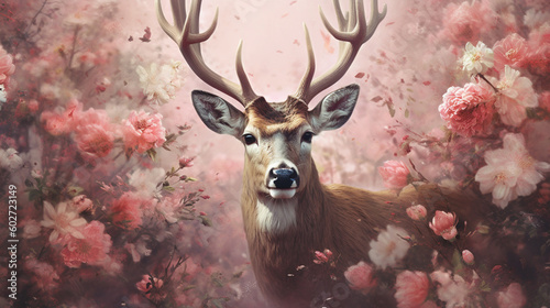 Deer Surrounded by Beautiful Flowers in a Muted Pastel Aesthetic with Surrealism Elements - Generative AI