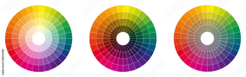 Colour palette wheel - RYB model, circle divided into thirty two shades, version with different light, dark and saturation - obrazy, fototapety, plakaty 