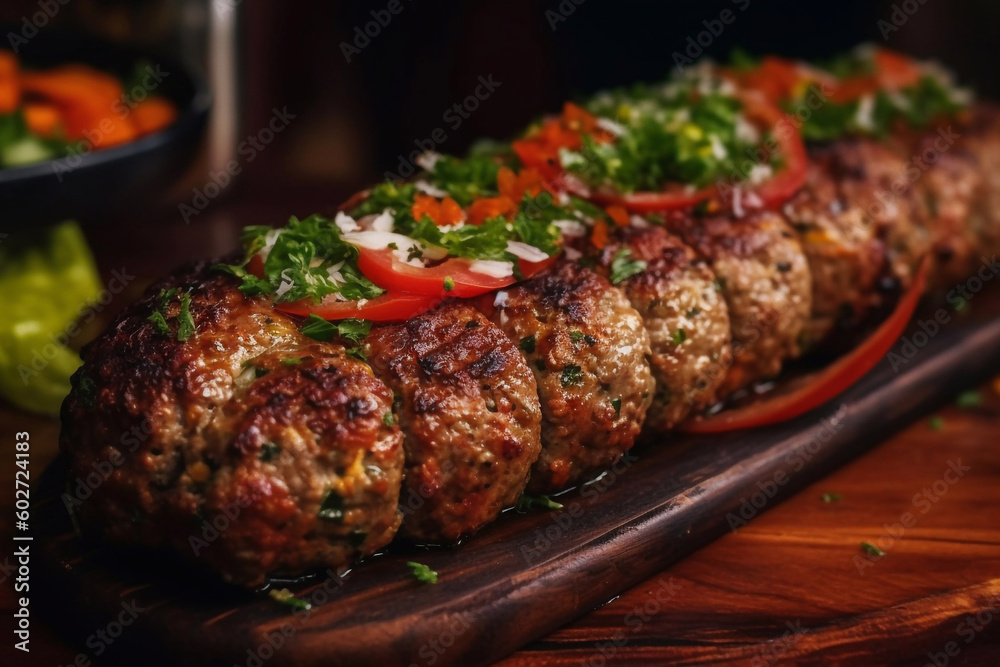 Appetizing juicy kebab with vegetables and herbs. Generative AI.
