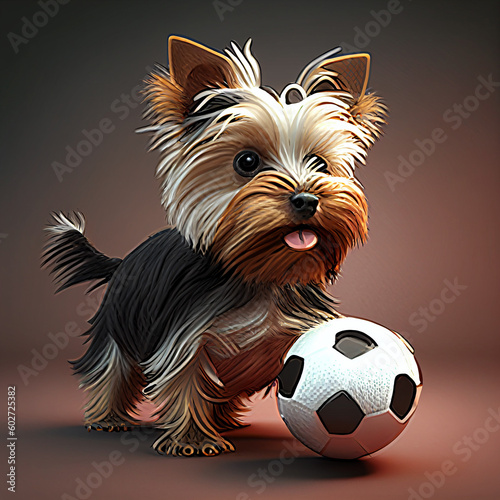 yorkshire terrier puppy with a soccer ball