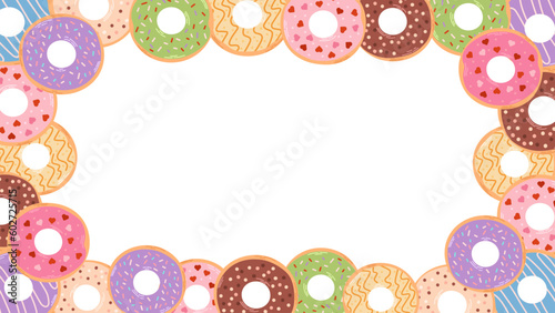 Background of colorful donuts with place for text useful to use for design of cafe, menu, promo banner, sales. Various types of donuts in glaze and chocolate. Flat vector cartoon illustration.