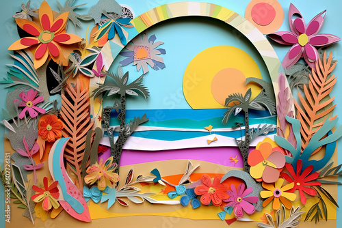 Generative AI illustration of Cool trendy collage of summer in the beach handmade on scrapbook paper with vibrant colors