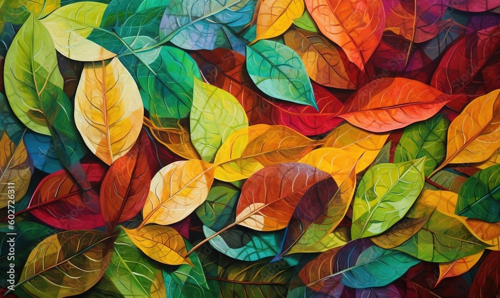  a painting of colorful leaves on a white background with red, green, yellow, and orange colors.  generative ai