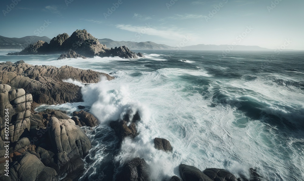 a large body of water surrounded by rocks and a mountain. generative ai a large body of water surrounded by rocks and a mountain. generative ai