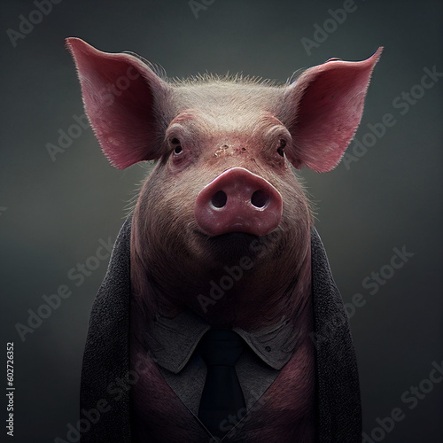 Animal porco com roupas formais em um fundo escuro photo