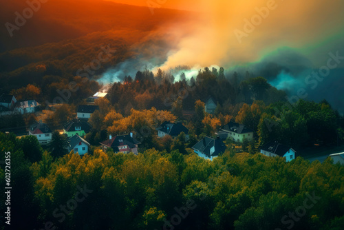 Generative AI illustration of forest and village in big summer fire due to lack of rain,stop climate change