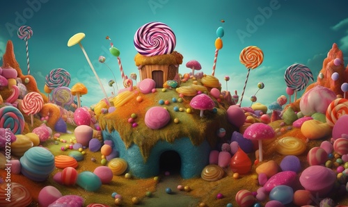  a painting of a candy land with a house and lollipops. generative ai