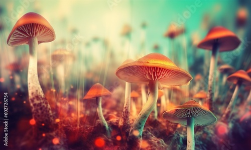  a group of mushrooms in a field of grass and flowers. generative ai