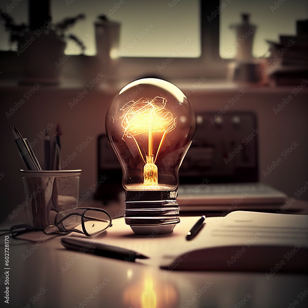 Ilustração de uma lâmpada projetando energia em um fundo de uma sala de escritório IA generativa - obrazy, fototapety, plakaty 